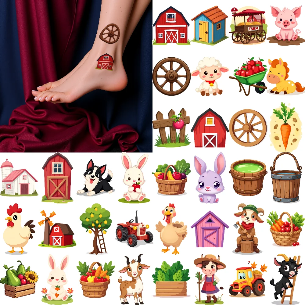 Tatouage temporaire, équipement agricole, autocollants imperméables et durables pour le corps, bâtiments de ferme, animaux de ferme pour femmes, bras, 63 pièces