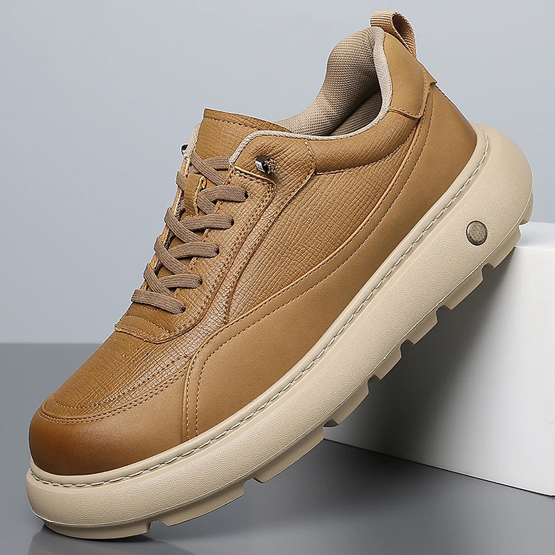 Men Thick Sole Height Increase Shoes Lightweight Comfortable Leather Sneakers Non Slip Wear Resistant Lace Up Casual Shoes Male