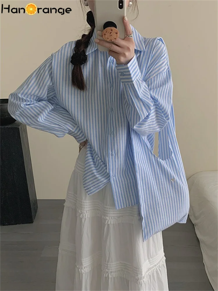 

HanOrange 2025 Striped Shirt Women with Bag Spring Shirt High-end Outfit Top Blue/Gray