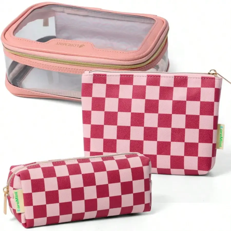3Pcs Clear Travel Makeup Bag Set Pink Checkerboard Cosmetic Organizer Zipper Waterproof PVC Makeup Brush Pouch Lightweight Portable Vacation Toiletry Storage Bag