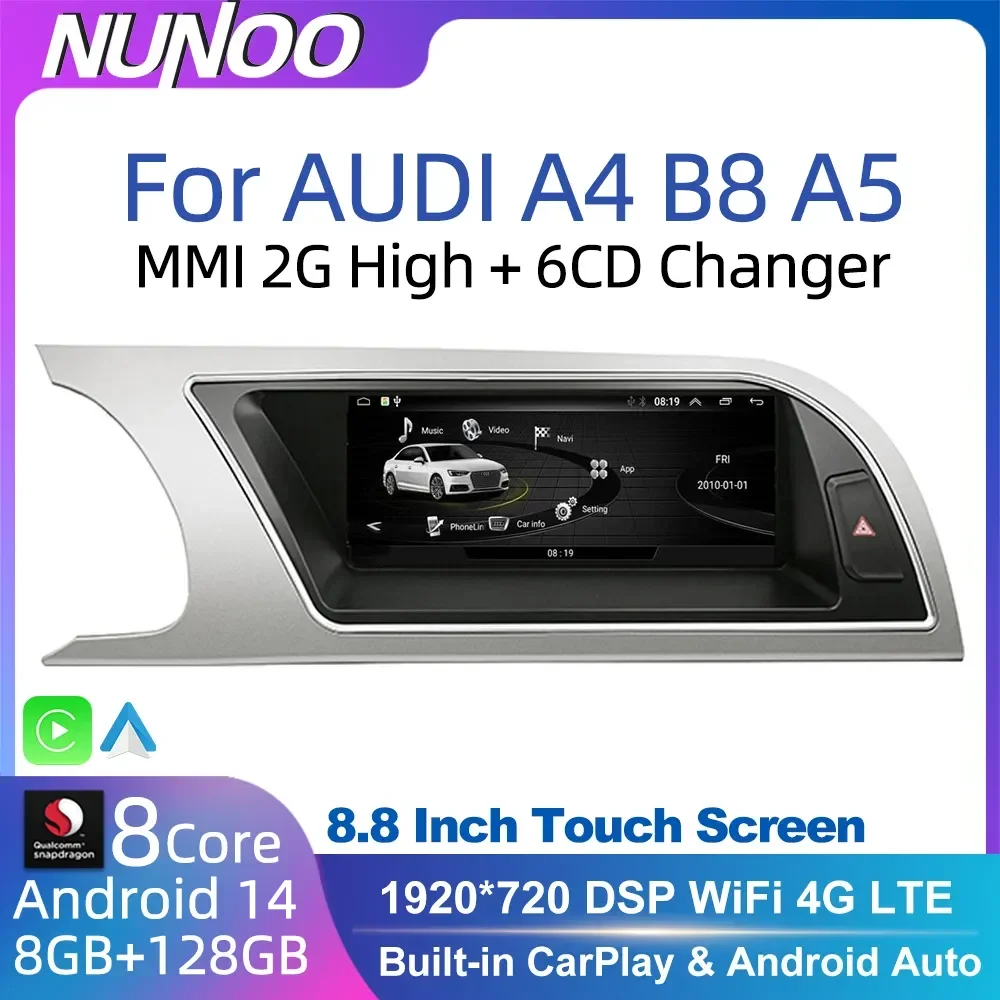 Android 14 8+128GB CarPlay For Audi A4 B8 A5 2008 2009 2010 MMI 2G High CD Changer Car Multimedia Player Stereo GPS Navi Screen