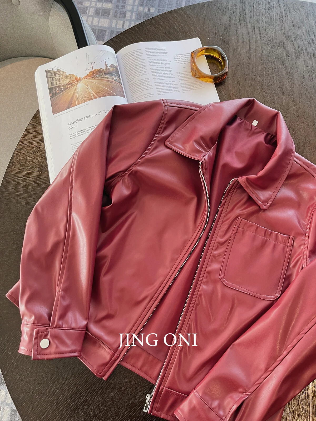 Red Faux Leather Jacket Woman Clothing Y2k Korean Fashion Style Vintage Luxury Cropped Coat Top New Elegant Blazer Outerwear