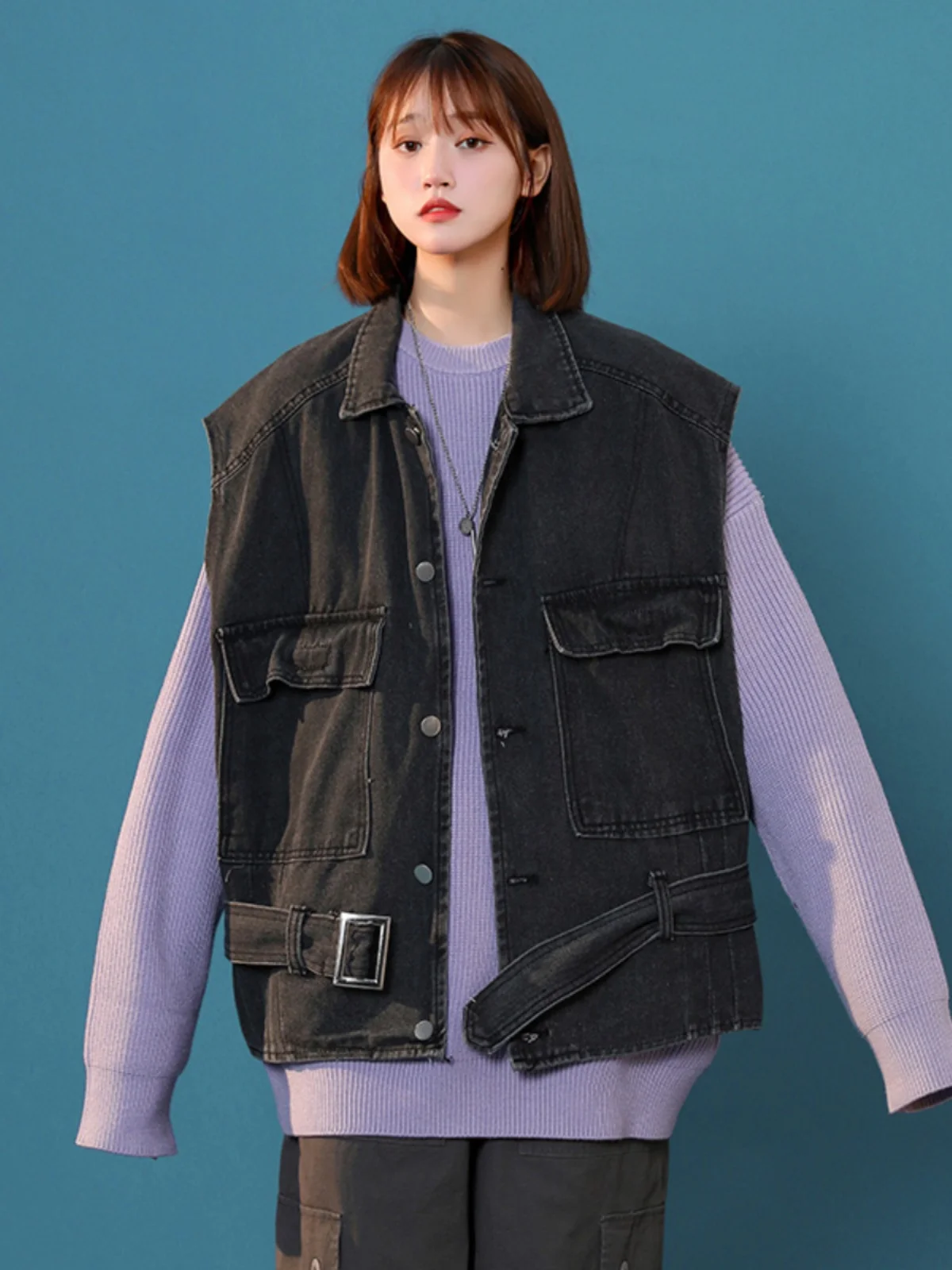 

Мужской джинсовый жилет в стиле ретро из Гонконга, весенне-осенний, модный, свободного кроя, повседневный, без рукавов, в стиле рабочей одежды, универсальный, с подплечниками