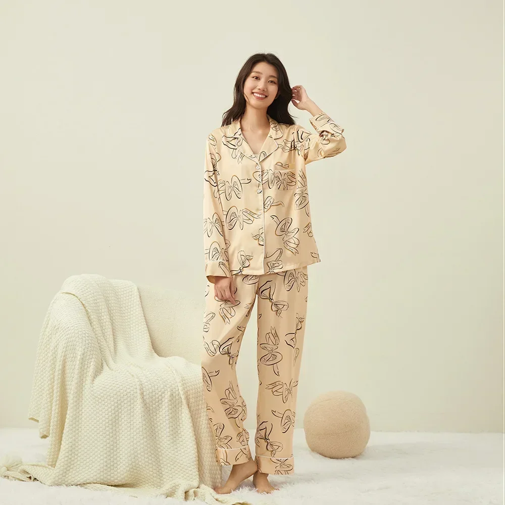 Secret Big Butterfly Flower Women's Pajamas, Long Sleeve Trousers, Ice Silk Loungewear, Two-piece Set