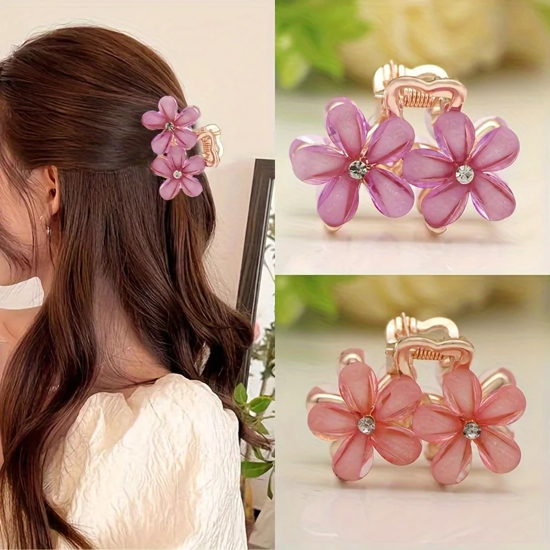 New Double Crystal Flower Metal Water Diamond Flower Women's Hair Clip Fashion Hairpins Kids Girls Headwear Hair Accessories