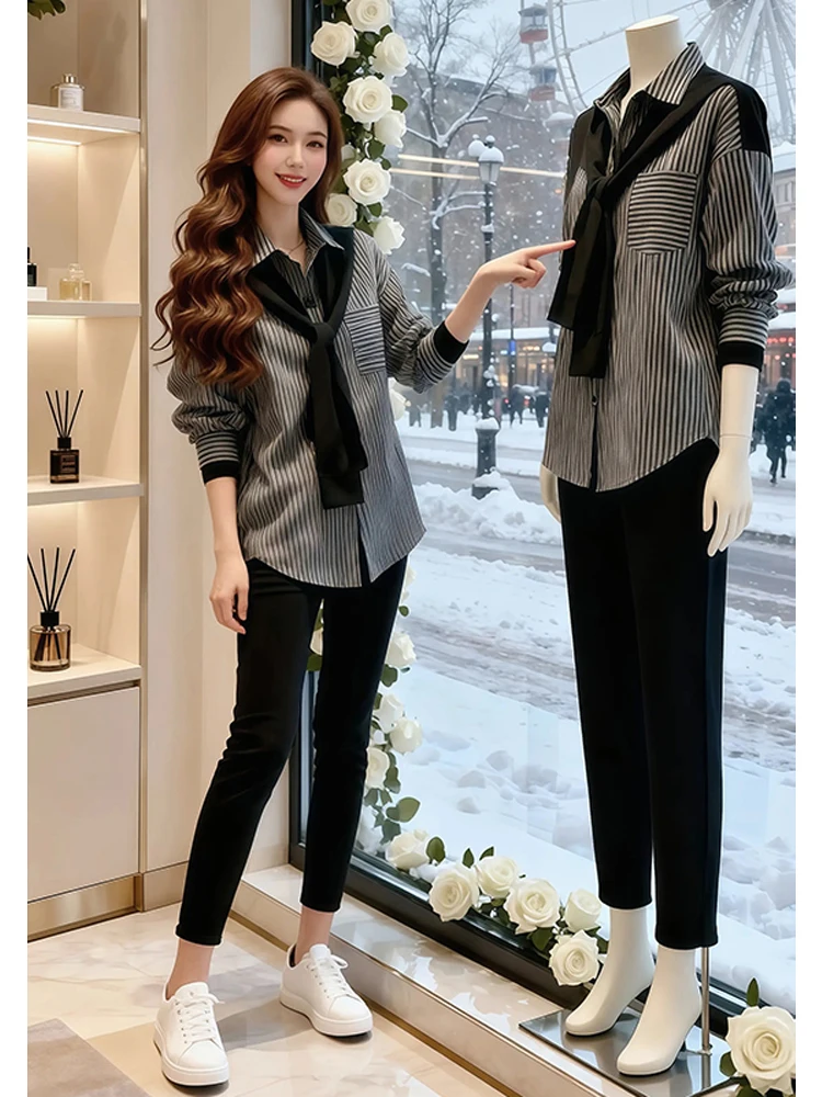

Women's Long Sve irt Scarf Set Casual Loose Fit Striped Pattern Mid-Length Spring Autumn Faion High-End Feel Top