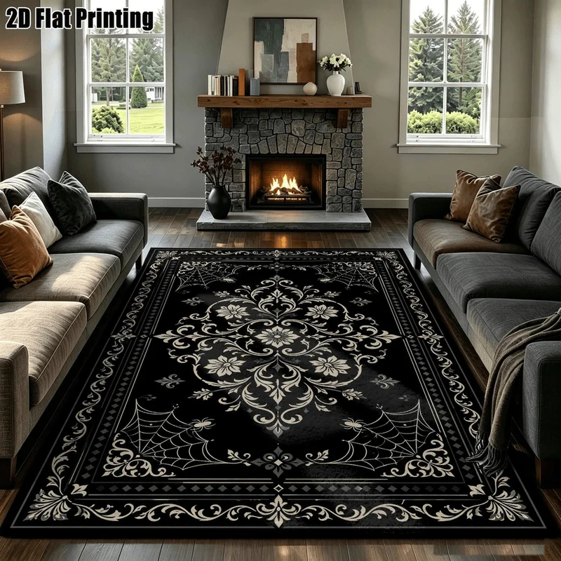 1Pc European Retro Spider Web Pattern Carpet, Machine Washable, Personalized Decoration, Essential for Dark Style Home, Suitable for Living Room, Bedroom, Entryway, Office, Corridor