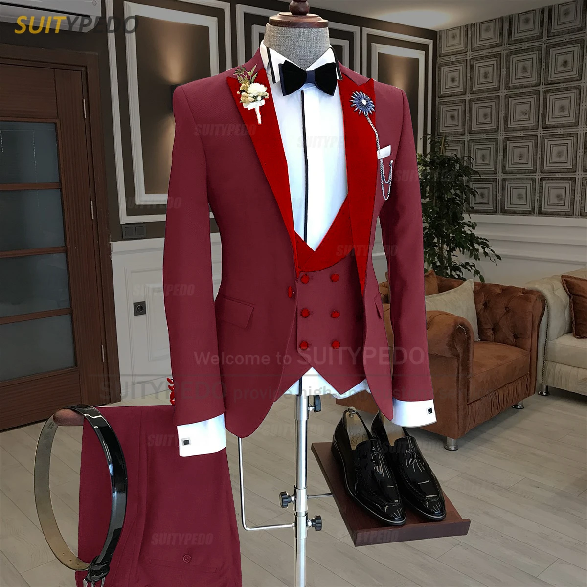 Black Men Suit Slim Fit Fashion Red Velvet Lapel Blazer Vest Pants 3 Piece Tailor-made Homecoming Business Wedding Mens Tuxedos