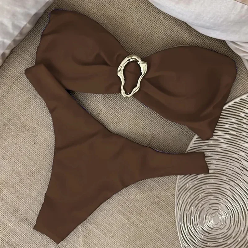 밴도 비키니 푸쉬업 수영복 여성 2피스 세트 섹시 브라질리언 마이크로 비키니 메탈 버클 여름 2025 신상 솔리드 스플릿 비치웨어