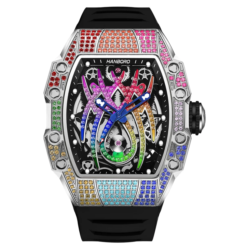 

HANBORO Мужские автоматические часы Tonneau Механические наручные часы 50 м Водонепроницаемые скелетон Паук Циферблат Хрустальный безель
