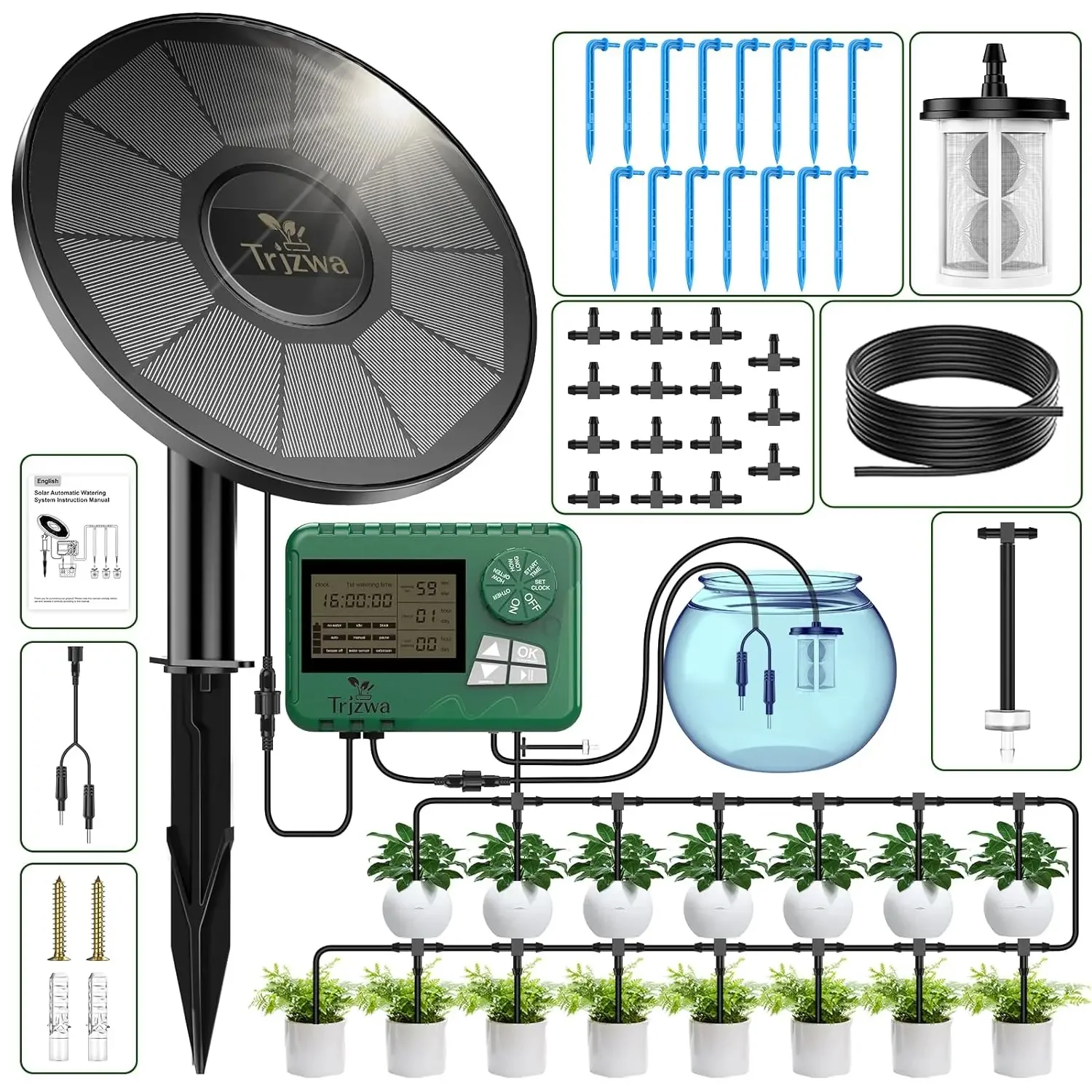 Solar Irrigation System, Latest Garden Plant Drip Irrigation System Kit with Display Screen, Travel Automatic DIY Watering Timer