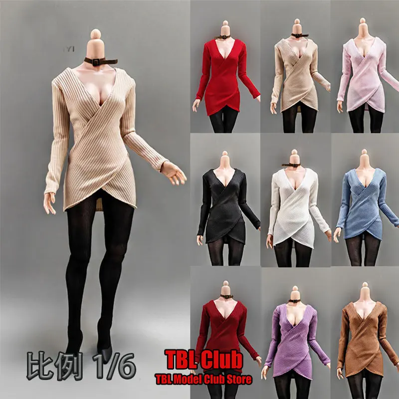 In Stock 1/6 Scale Female Soldier Sexy V Neck Cross Long Sleeve Solid Colors Sweater Dress For 12inch TBL Action Figure Doll