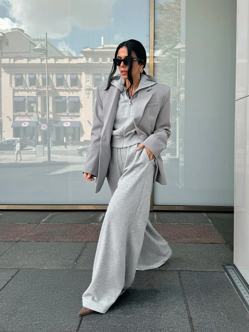

Autumn Winter Fashion Grey Shoulder Pad Zipper Hooded Sweatshirt Tops Wide Leg Loose Long Pants Casual Two-Piece Women's Set
