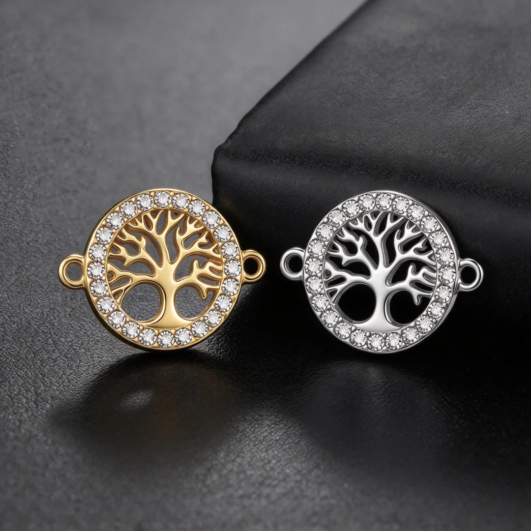 Tree of Life Connector Charms Rhinestone Inlaid Round Tree of Life Links Stainless Steel Double Loops DIY Jewelry Making Pendant