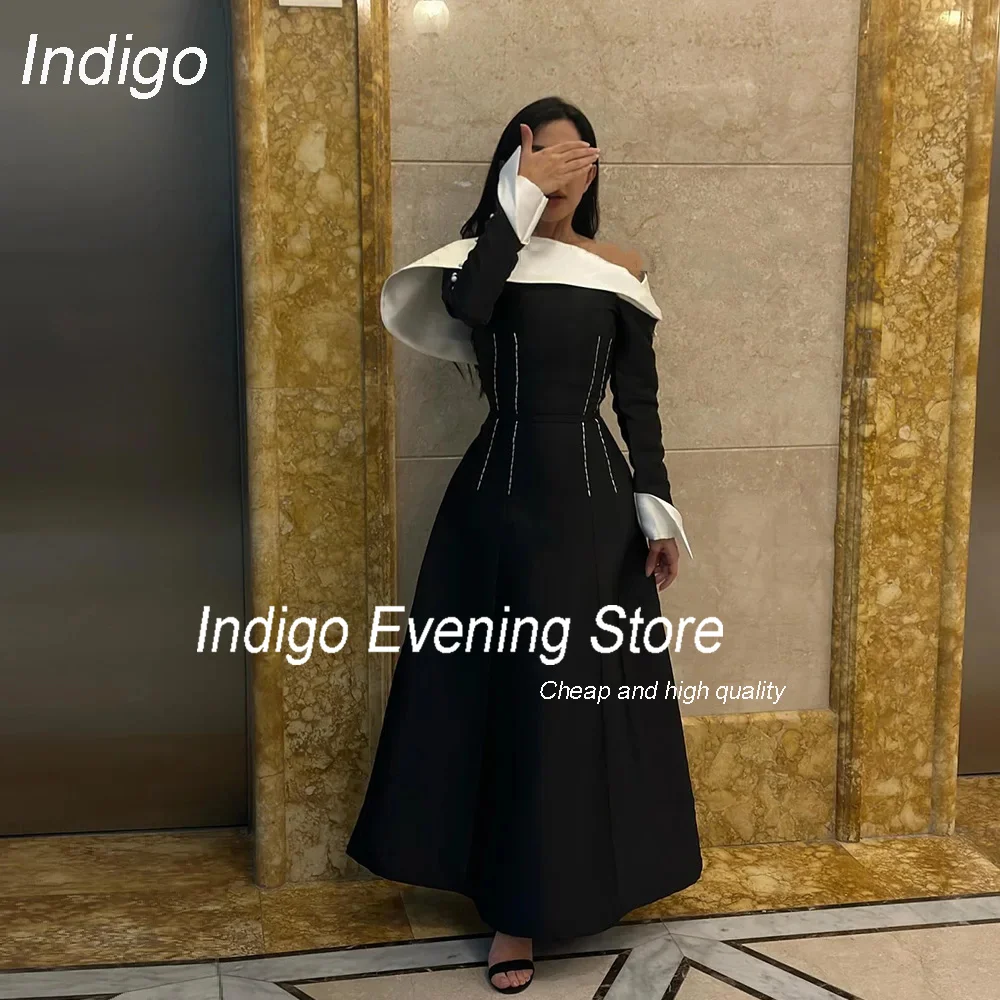 

Indigo Evening Dress A-Line Long Sleeves Pleat Buttons Satin Ankle-Length 2024 Custom Made Party Prom Gown Formal فساتين السهرة