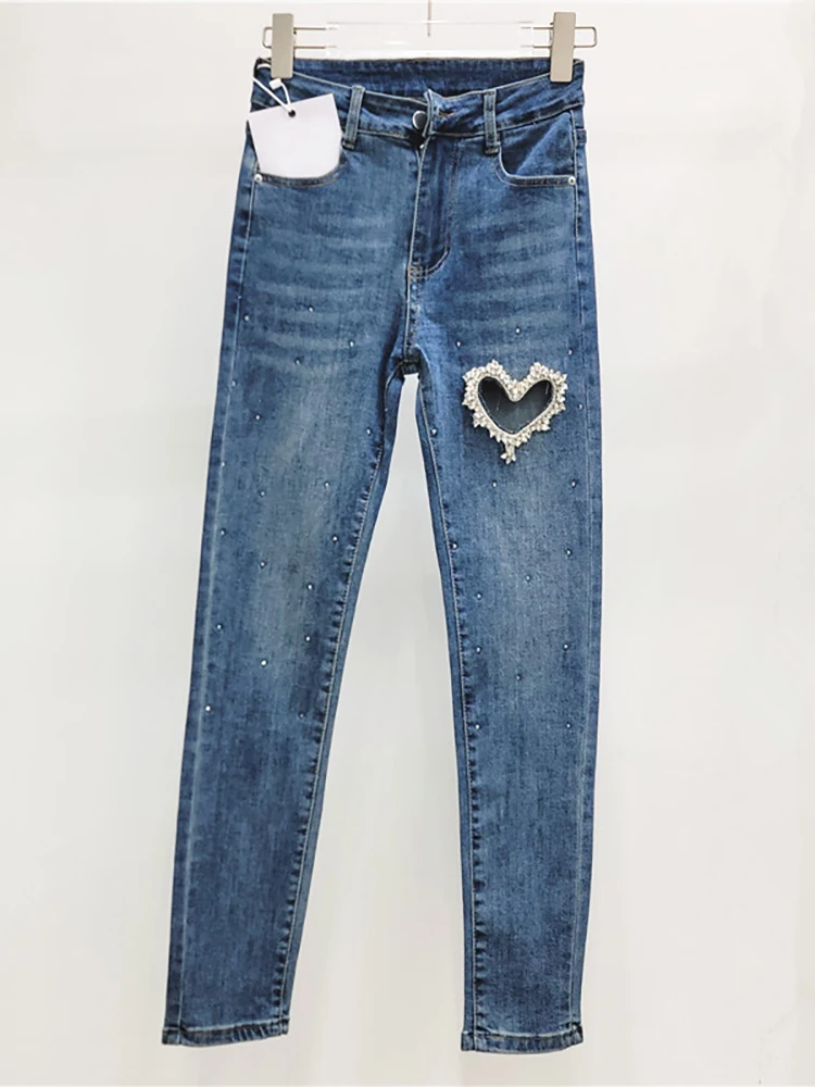 DEAT Women\'s Denim Pants High Waist Slim Stretch Heart Hollow Out Diamonds Ankle-Length Pencil Pants 2024 Autumn New Fashion