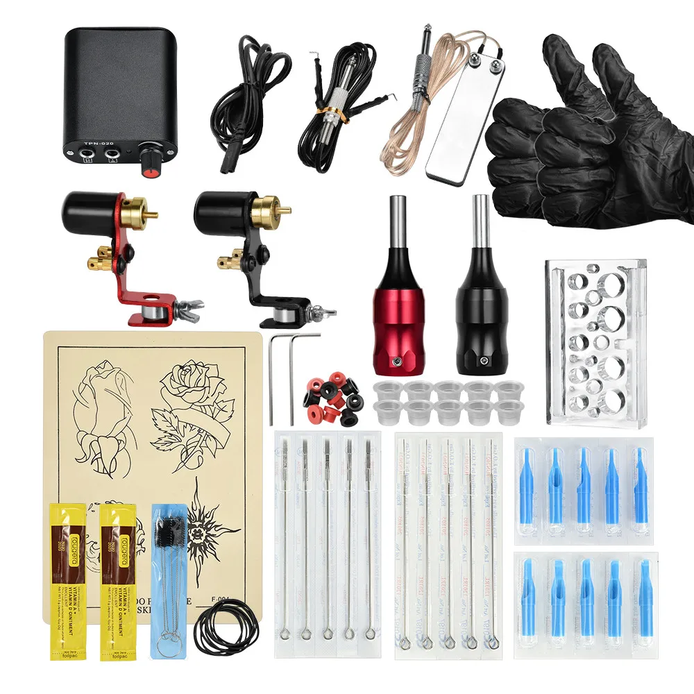 

Professional Rotary Tattoo Machine Kit Complete Power Supply Cable Tatto Needle Grip Tips Set For Permanent Makeup Body Art