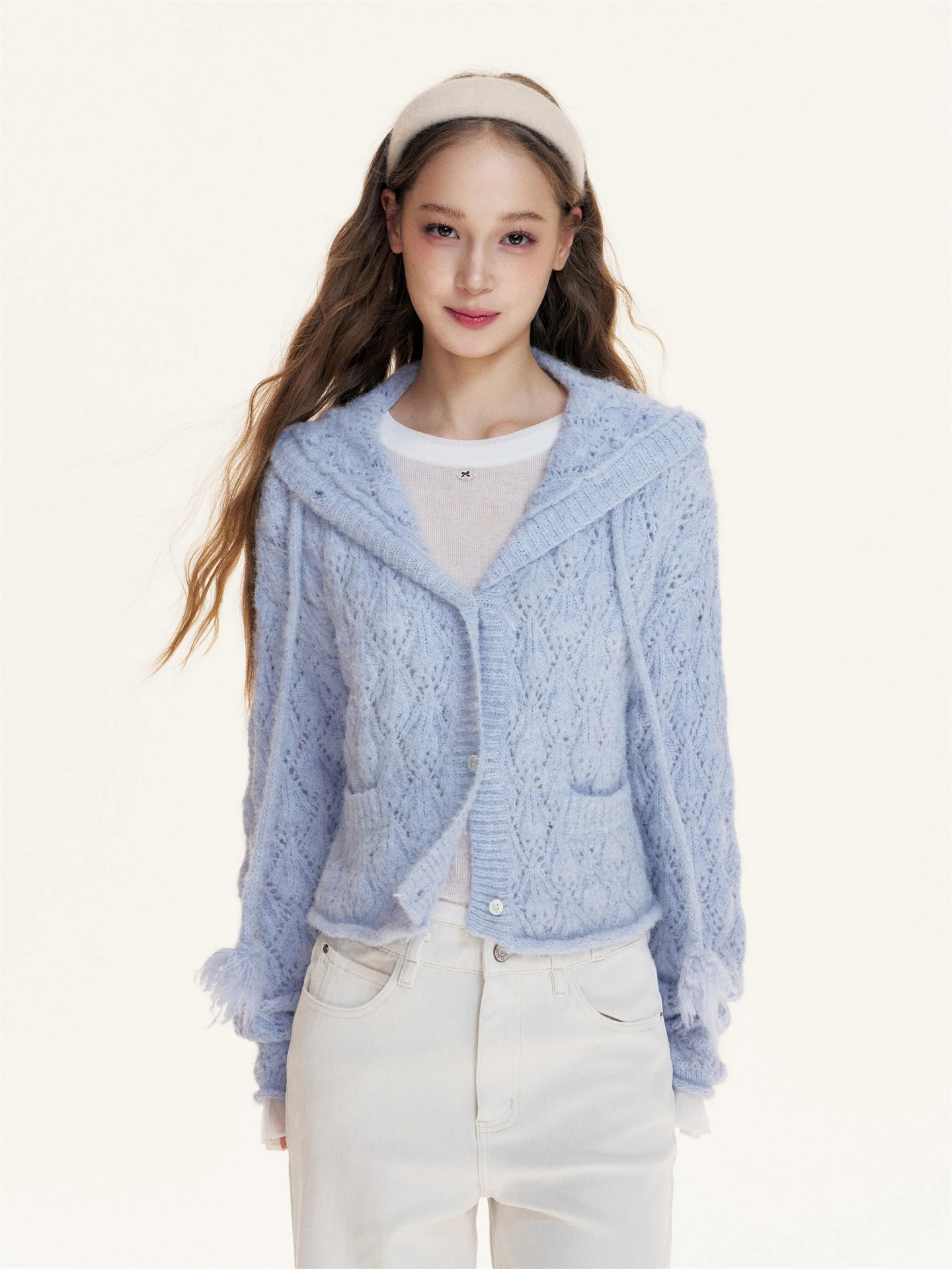 

Korean Sle Hollow out Hook Flower Hooded Knit Long Sve Open Cardigan Top Warm Cozy Autumn Faion Commute Sle Single P...