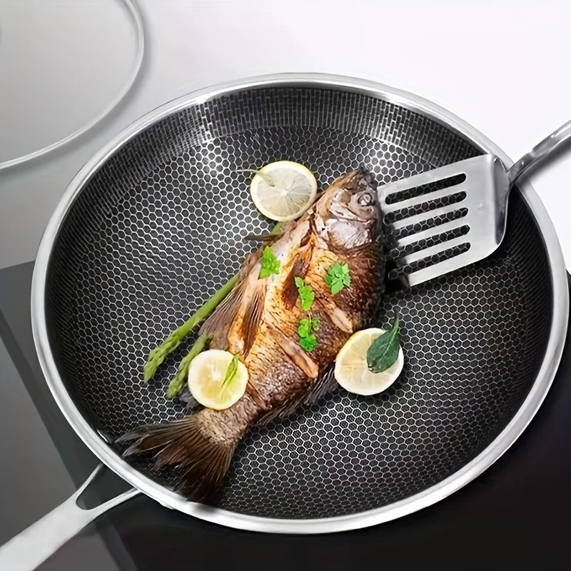 Non Stick Honeycomb Stainless Steel Wok Suitable for Gas Induction Cooker Cooking Easy Clean Salads Stir Fry Excellent Kitchen