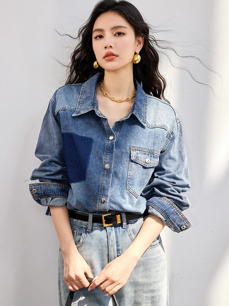 Korean Style Fashion Denim Blouse Women Elegant Lapel Long-Sleeved Shirt Chic Design Jean Shirts Autumn Single-Breasted Tops