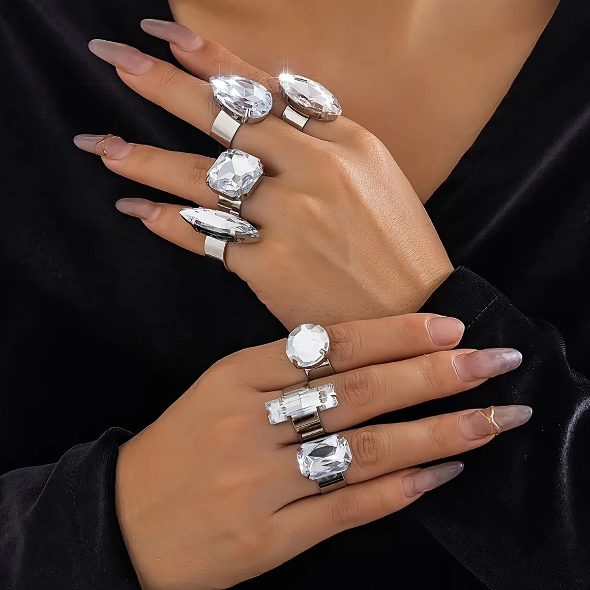 7PCS /Set Rhinestone Acrylic Large Round Square Stone Open Finger Rings Jewelry for Women Crystal Separate Adjustable Cuff Rings