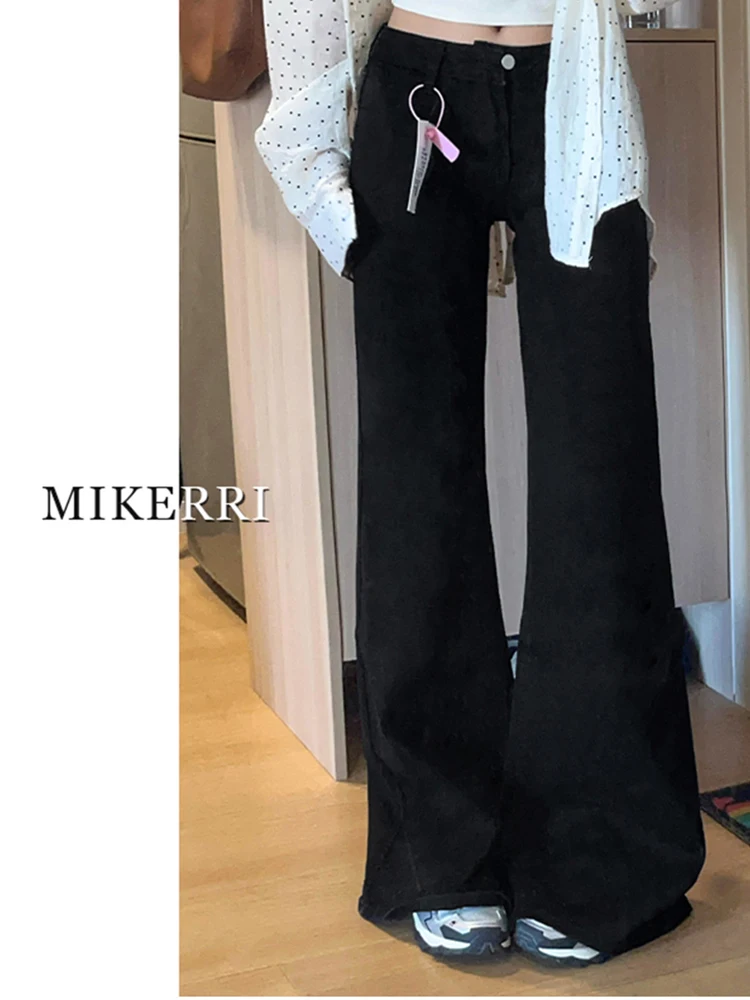 Damskie spodnie dżinsowe typu flare/bootcut w stylu Kpop Gyaru na sezon Jesień Zima 2025, dżinsy Y2k Harajuku, luźne czarne dżinsy z efektem warstw, proste dzwony, nowość.