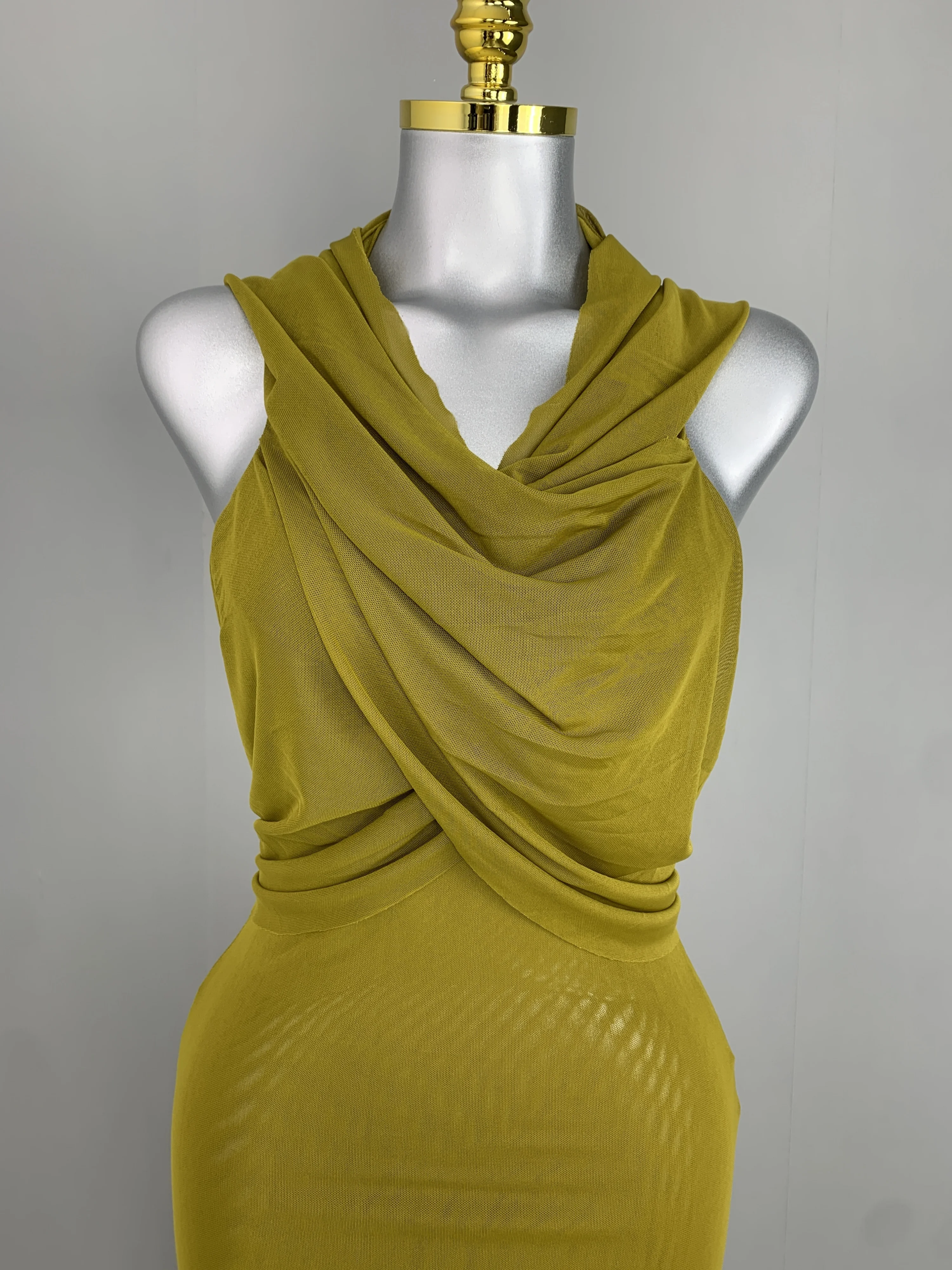 Women Luxury Sexy Sleeveless Mesh Army Green Maxi Long Hoodies Bodycon Gowns Dress Elegant Evening Party Club Dress