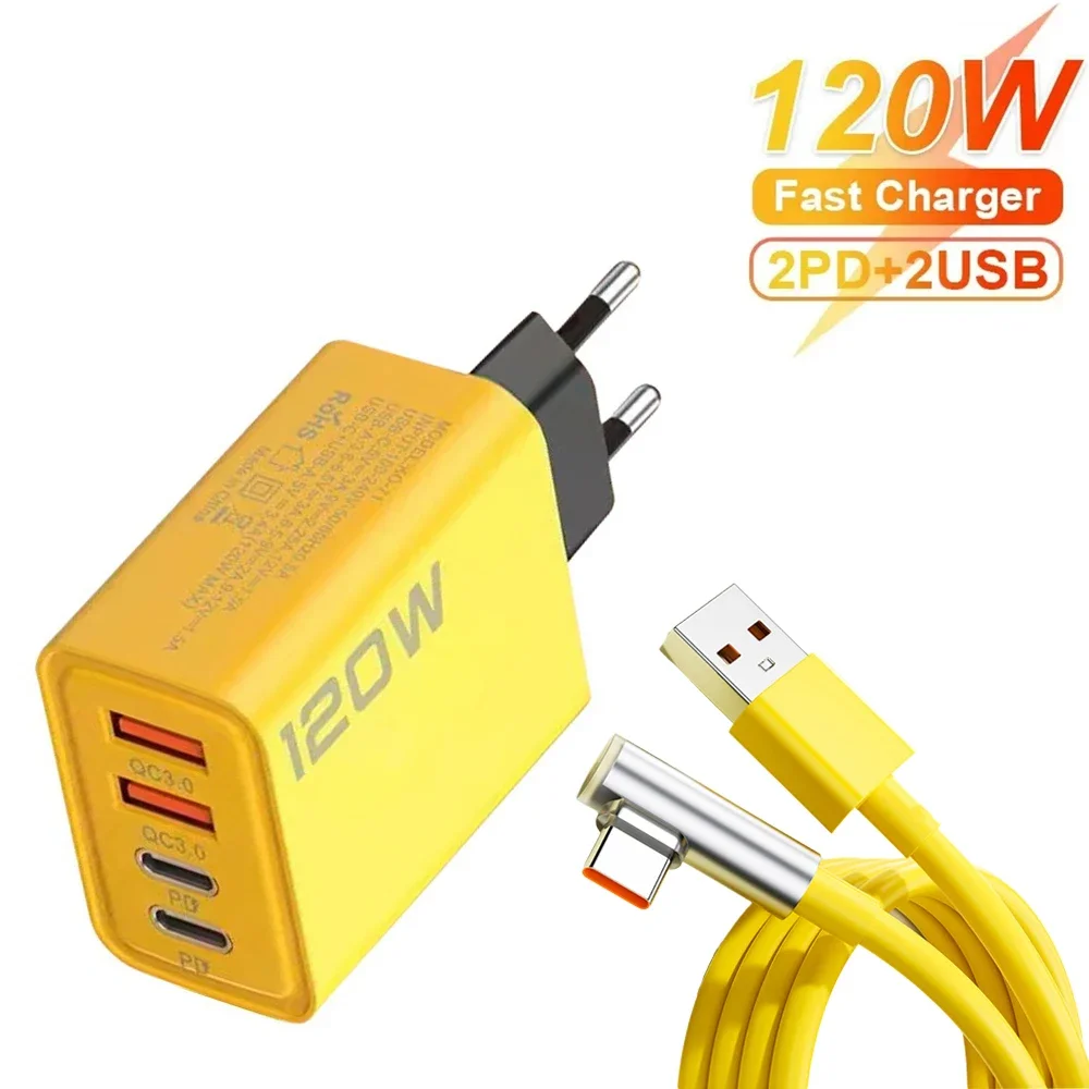 Insgesamt 120 W USB-Ladegerät 4 Ports Typ-C Quick Charge 3.0 Telefonadapter für Telefon 6A Schnellladekabel für Samsung iPhone Xiaomi