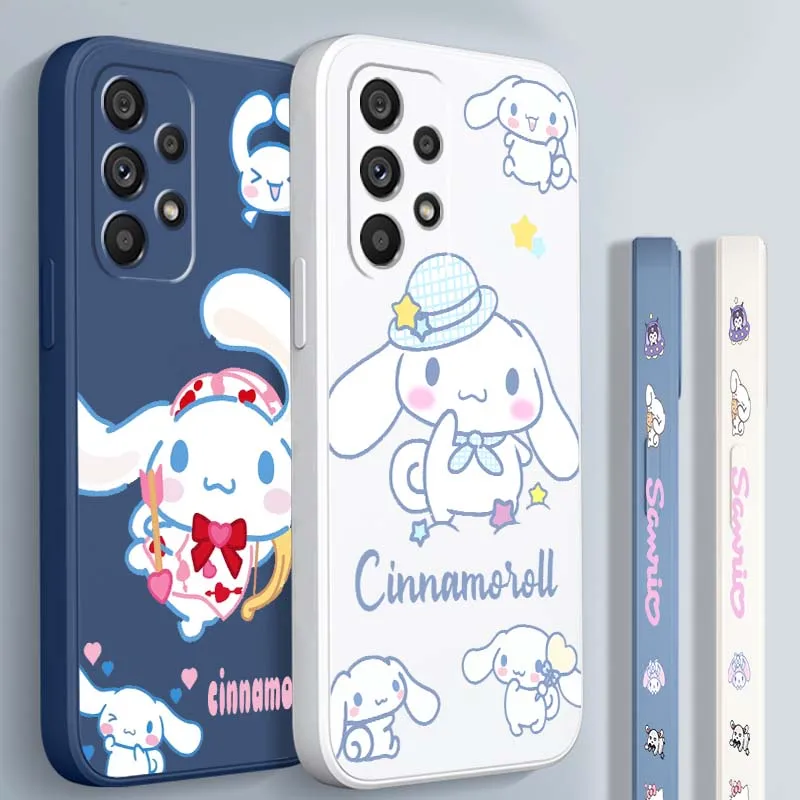 

Sanrio Cinnamoroll Gift Phone Case For Samsung A71 A72 A73 A51 A52 A53 A54 A55 A21s A35 A34 A32 A03 5G Liquid Left Rope