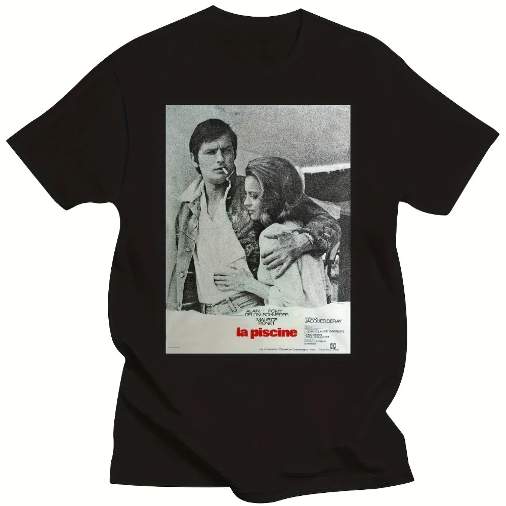 Vintage La Piscine Alain Delon Romy Schneider Movie Poster T-Shirt Tee for Men All-Season Knit Fabric Regular Fit Ideal Gift