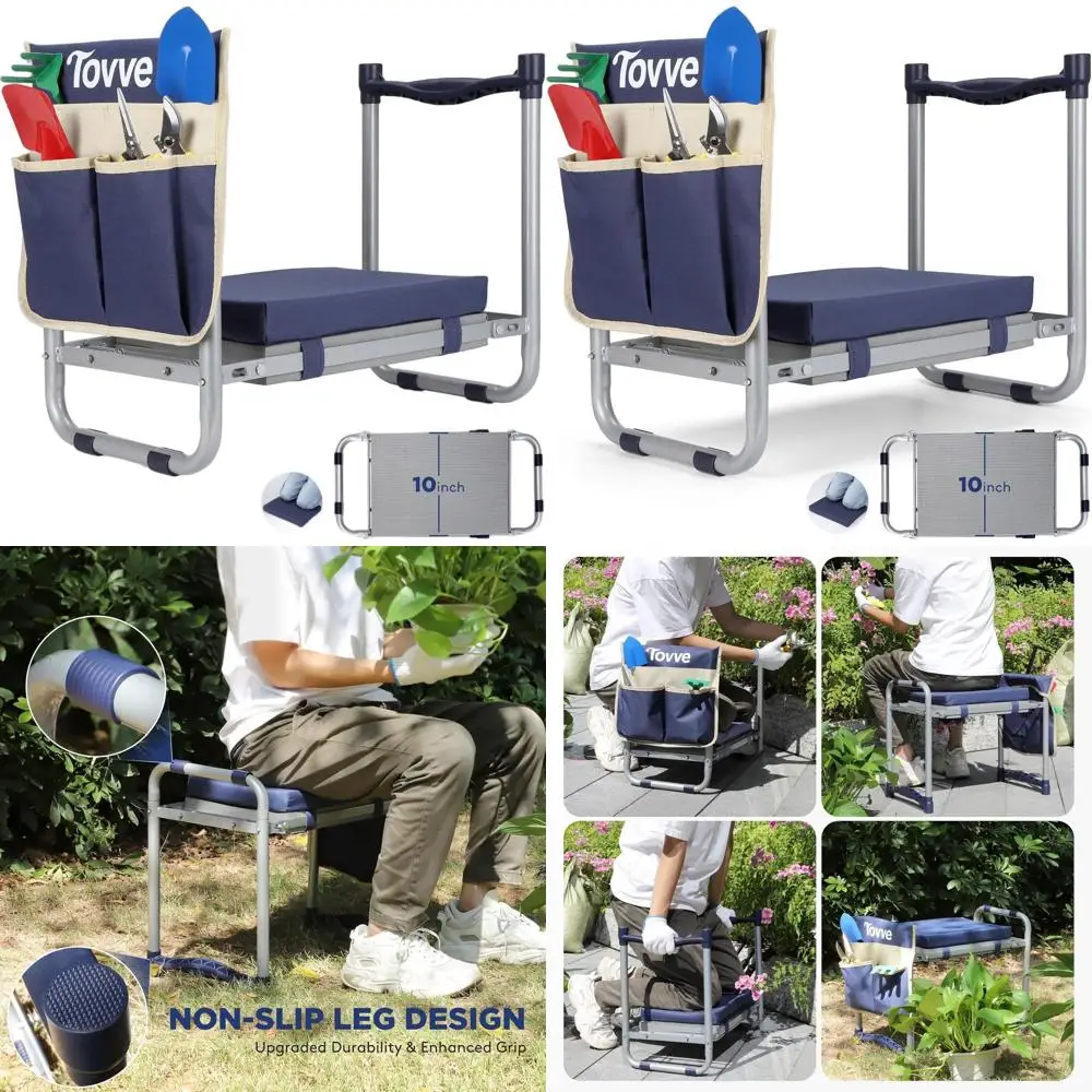 

Durable Foldable Garden Seat with 10 Cushioned Kneeler, Portable Bench & Tool Bag for Gardening Lovers