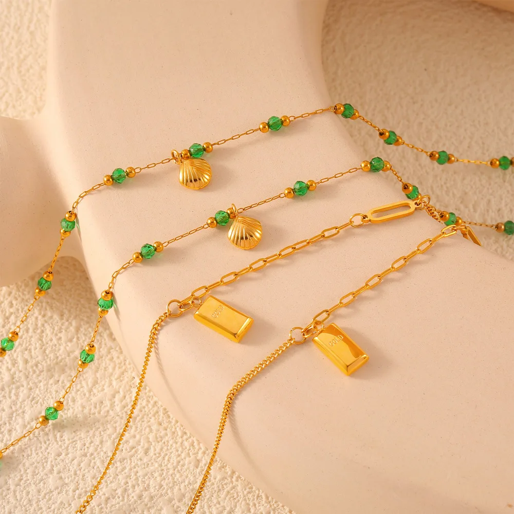 Romant Green Faceted Crystal Shell Pendant Beaded Anklet Stainless Steel Summer Beach Woman Jewelry Waterproof Creative Gift