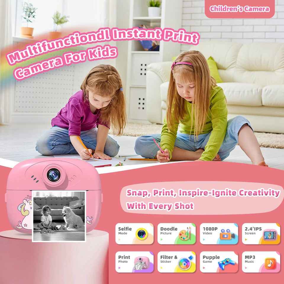 Appareil photo numérique à impression instantanée pour enfants, Halloween, étiquette Photo, appareil photo à impression thermique avec 2 rouleaux de papier d'imprimante, cadeaux de noël