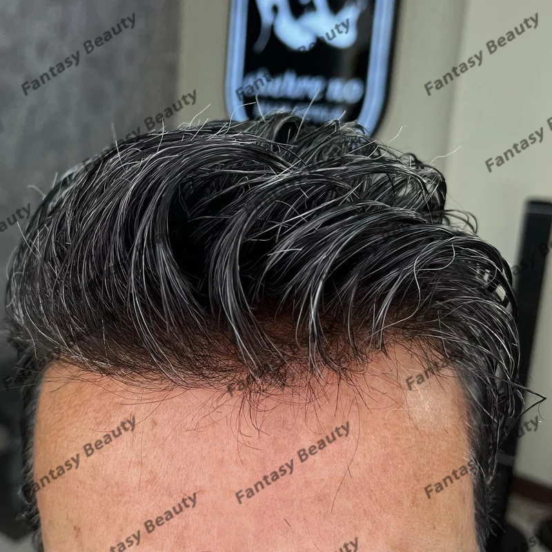 Wig rambut alami 1B40 1B65 Man, wig rambut manusia abu-abu dengan kepadatan 120 dan rambut dasar PU kuat, sistem kapiler, mudah dipakai