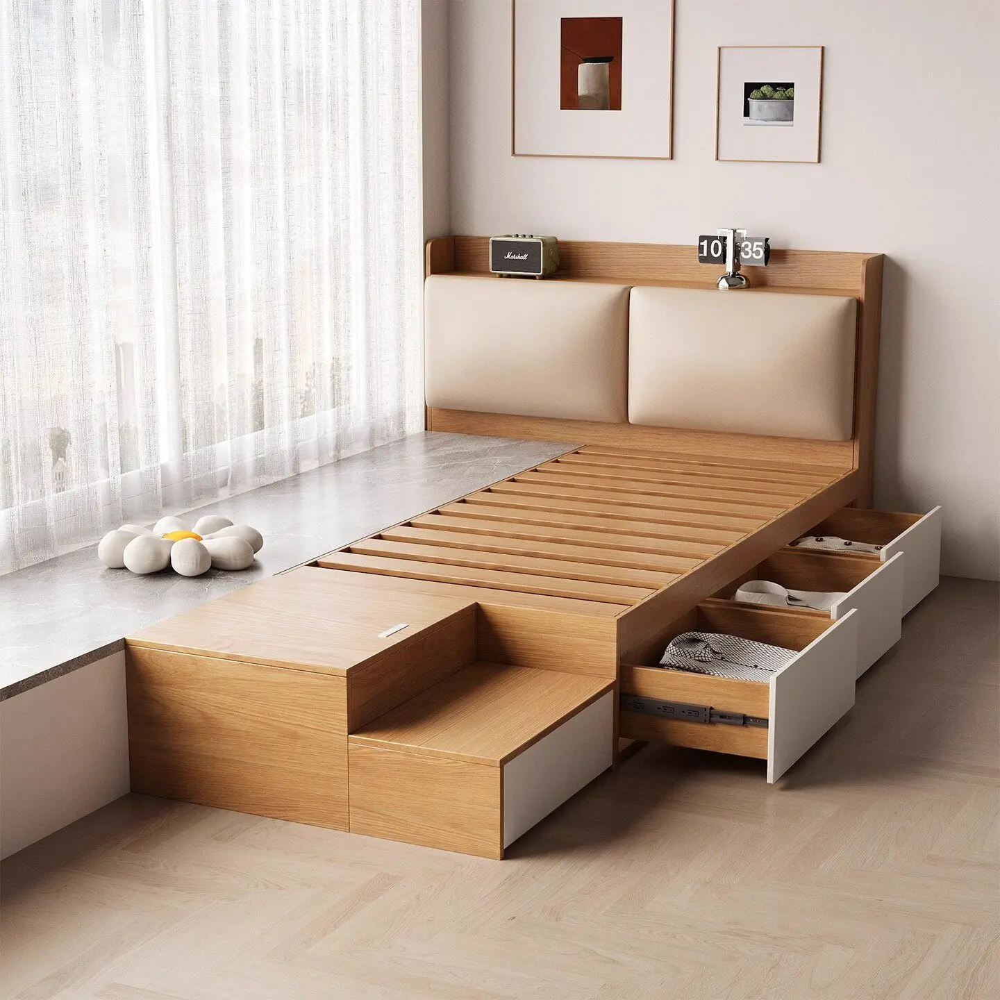 Cama con ventana de mirador, madera maciza, diseño moderno y sencillo, con espacio de almacenamiento, respaldo, cajones integrados, media ventana de mirador, media cama, alféizar de ventana, personalizable.