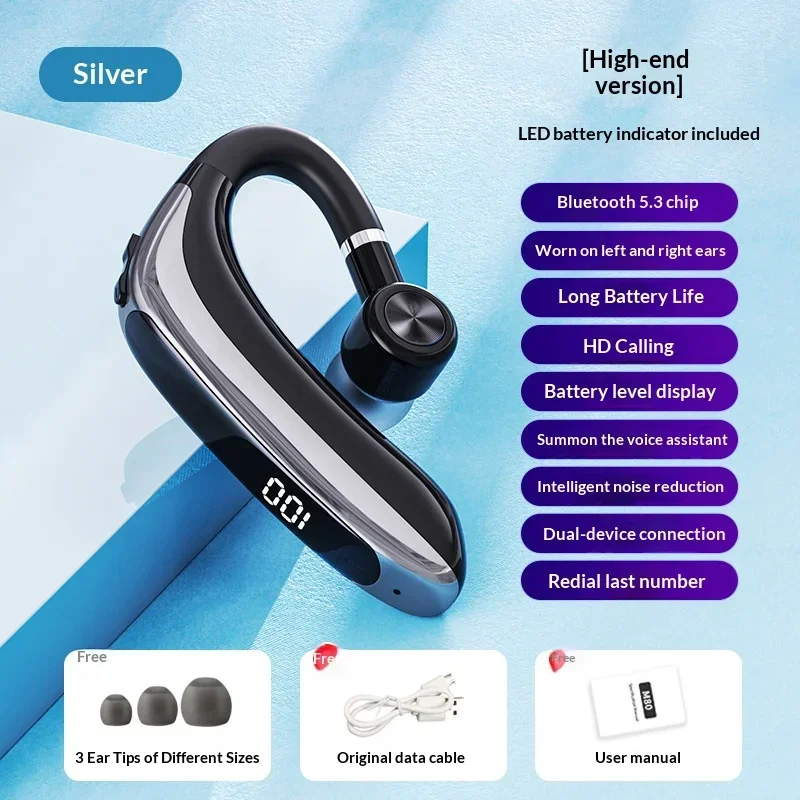

Single Ear Business Bluetooth Headset Fit Either Ear HD Call Handsfree Noise Cancelling Headphones for Driving Office