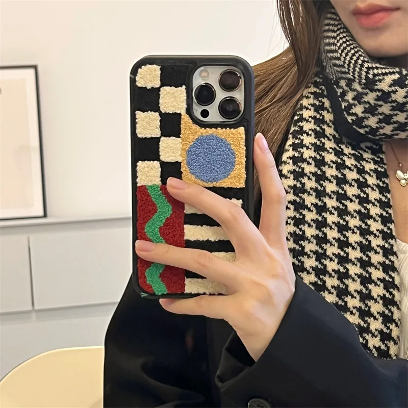 INS Plush Embroidery Geometric Figure Phone Case For IPhone 