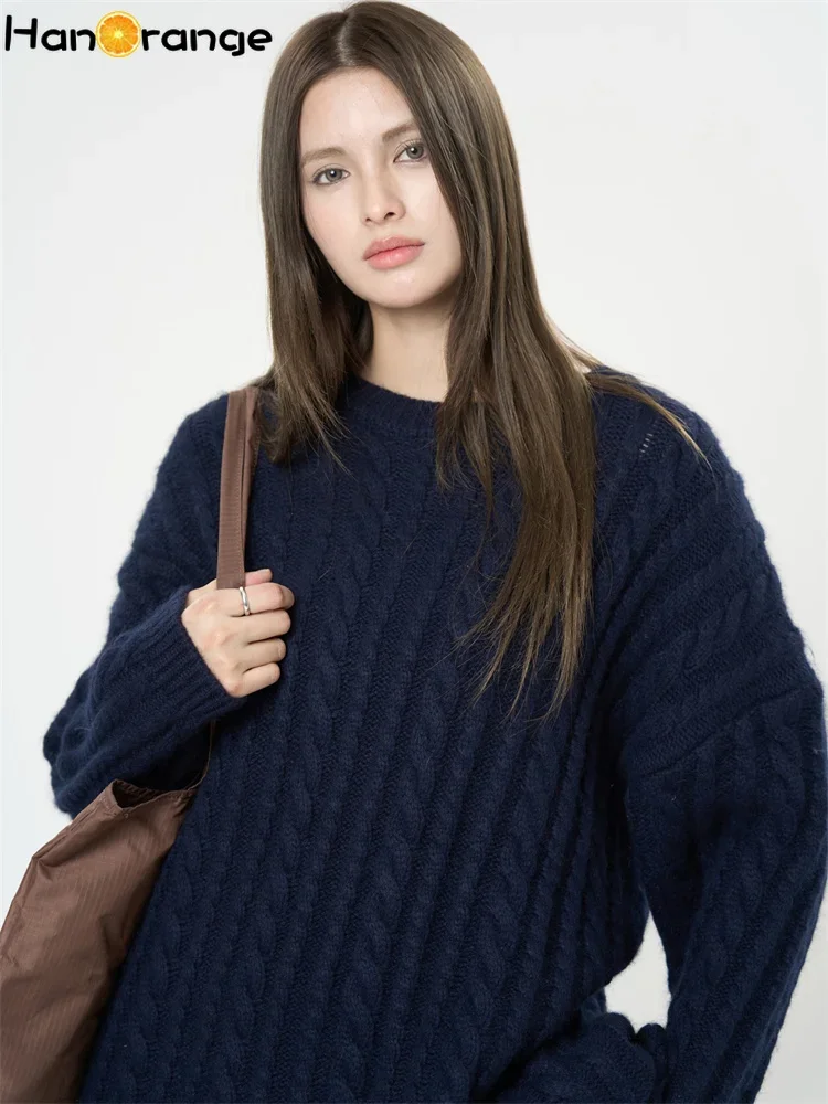 HanOrange 2025 Early Spring Twisted O-Neck Wool Knitted Sweater Women Lightweight Fluffy Woolen Top White/Navy Blue