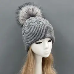 Janefur Beanie Hat with Faux Fur Pom Pom 18cm Women 2022 Warm Real Angora Knitted Caps Outdoor Ski Durable Winter Skullies Hats