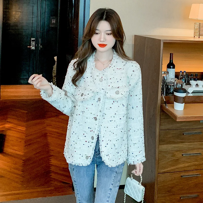 Veste en tweed à pois de couleur blanche pour femme, haut à manches longues, style petit parfum, nouveau, automne, hiver, 2025