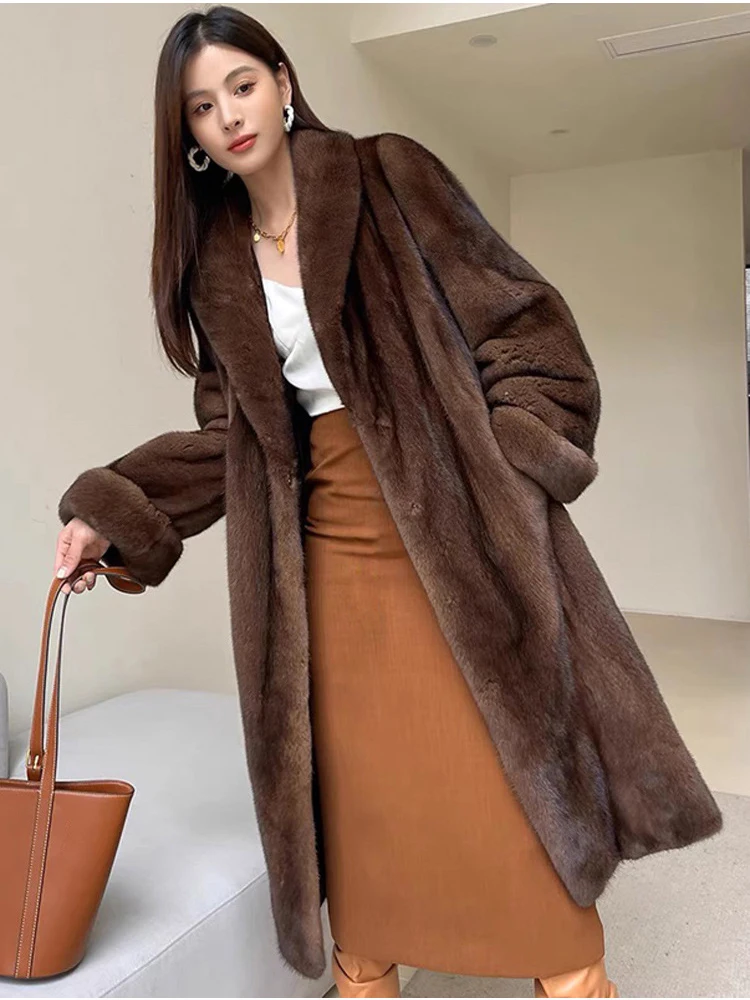 High Quality Luxury Long Fur Coat Women Winter Thick Warm Furry Outwear Faux Mink Fur Coat Pocket Lapel Fluffy Overcoat Elegant