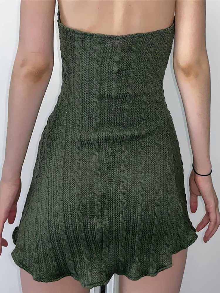 Goth Dark Knitted Fairy Grunge Green Folds Mini Dresses Gothic Retro Backless A-Line Women Dress Sexy Halter Lettuce Hem Outfits