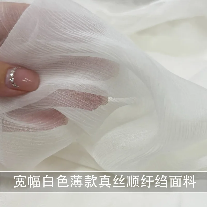 white-thin-pure-silk-sheer-blouse-dress-pleated-fabric