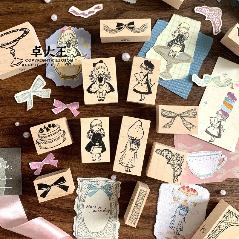 zzoton Lovely Read Travel Strawberry Girl Lace Frame Wooden Rubber Stamp DIY Scrapbooking Photo Album Card Making Wood Seal