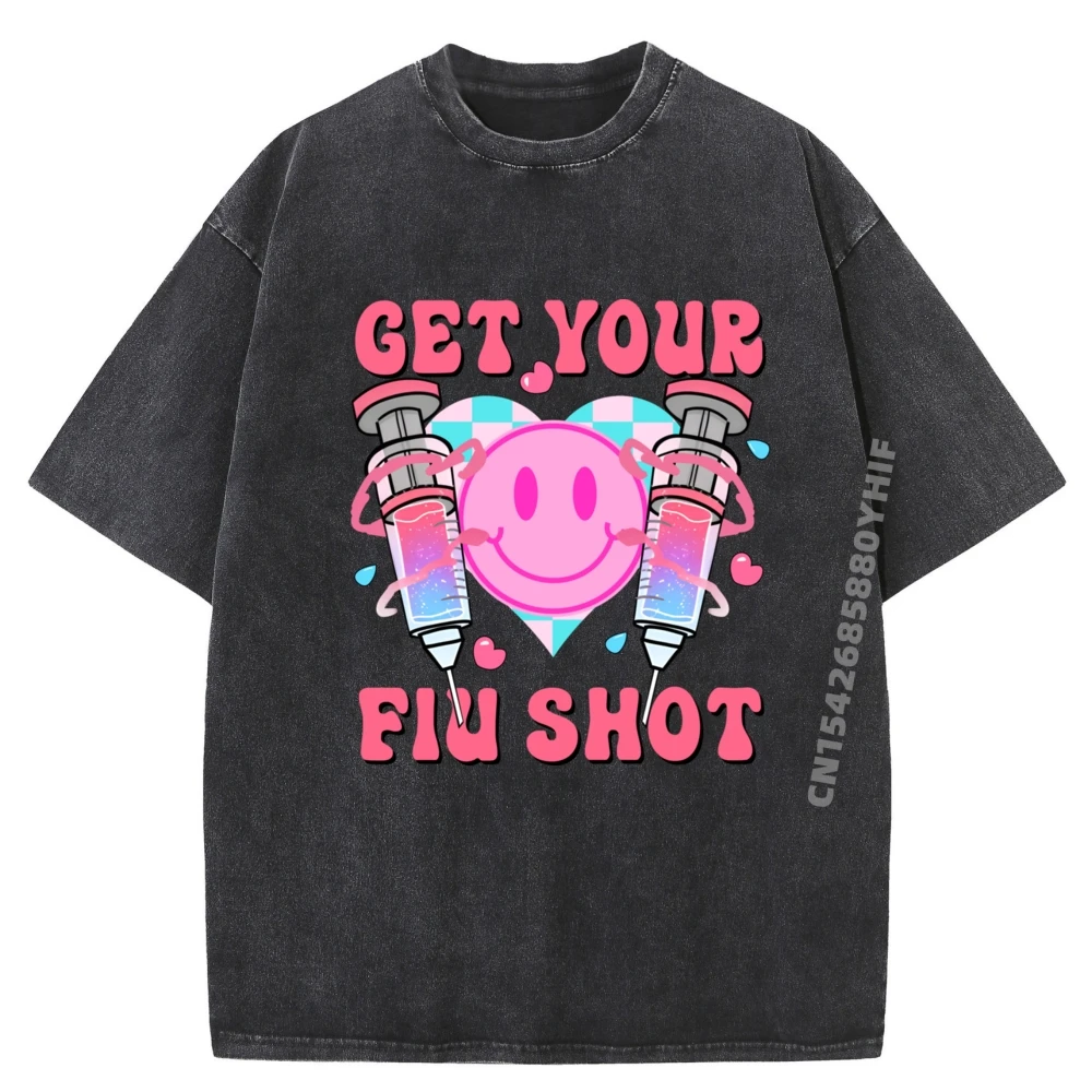 

Забавный шприц, медицинская футболка Happy Face Get Your Flu Shot Grpahic, одежда для взрослых и мужчин, модная стираная одежда