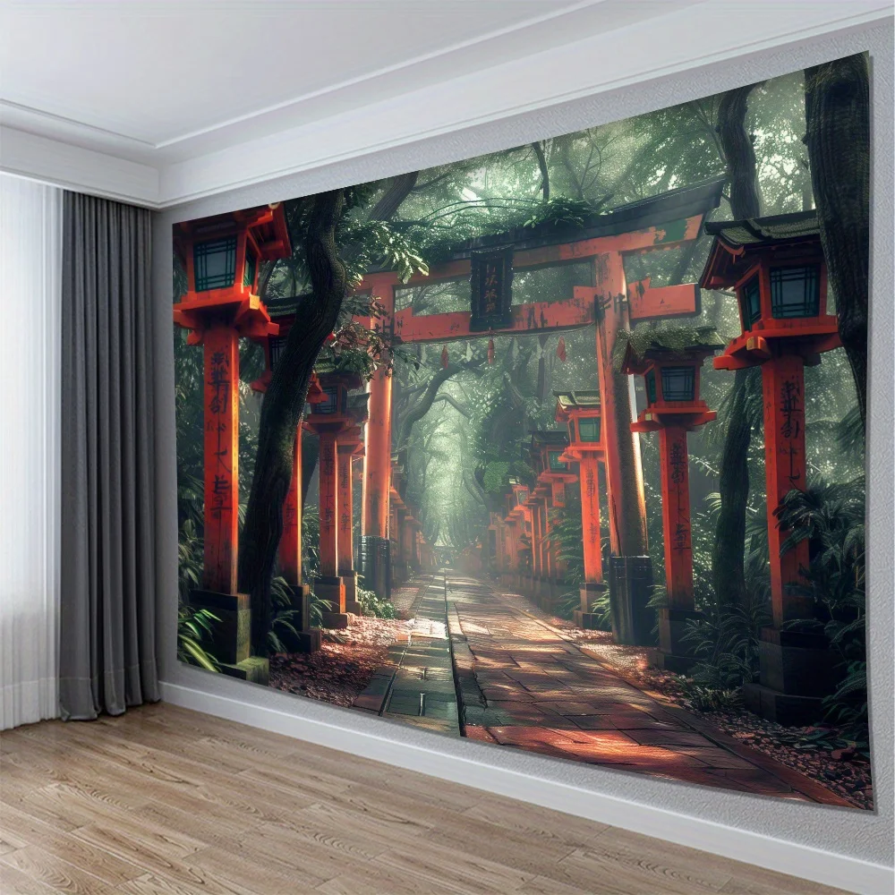 Retro Japanese Torii Path Tapestry 2D Digital Print Polyester Wall Hanging Living Room Bedroom Office Decor with Hooks