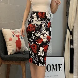 New Spring and Summer Women's Style High Waist Slim Rose Printed Split Bag Hip Zipper Korean Fashion Casual All-match Skirt