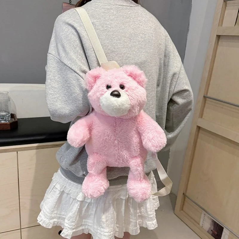2025Spring New Product One Size Women's Backpack Cartoon Bear Velvet Zipper Small Bag