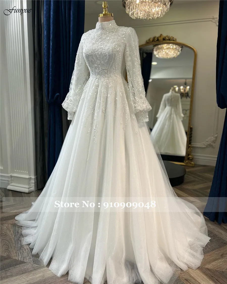 Funyue A-Line Lace Wedding Dresses For Women 2025 Spring Muslim Vintage High Neck Long Sleeves Bridal Gown Robes De Mariée