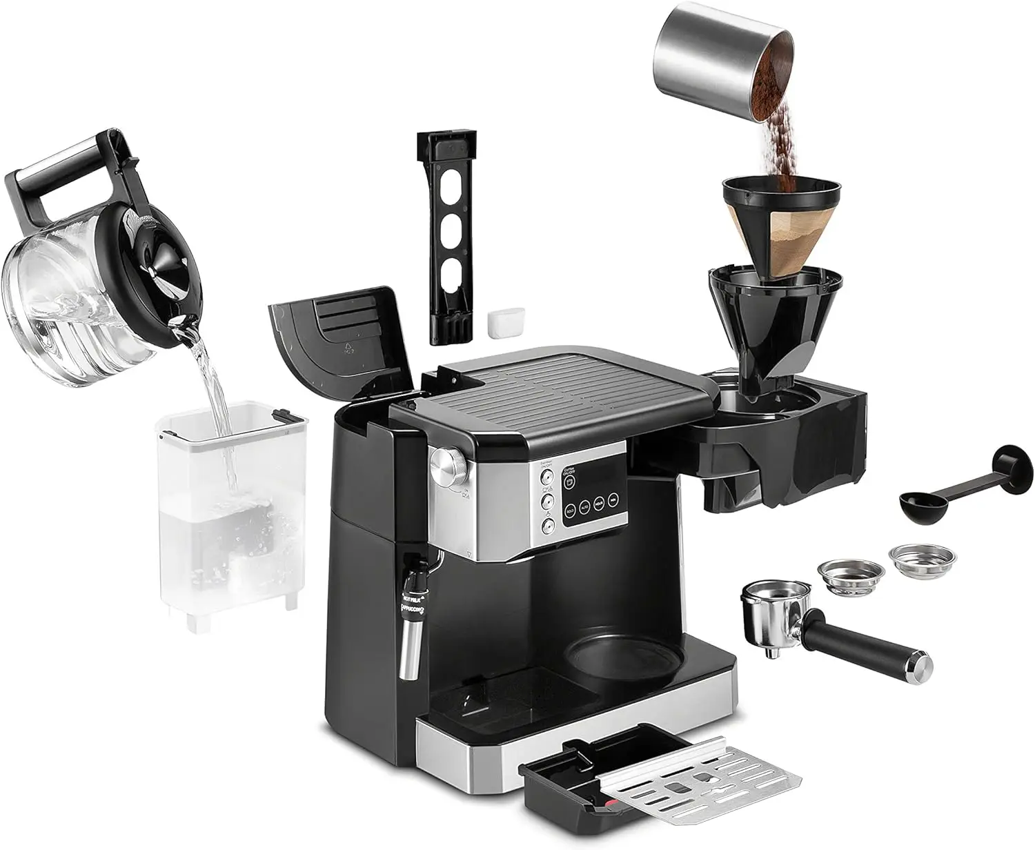 All-in-One Combination Coffee Maker & Espresso Machine + Advanced Adjustable Milk for Cappuccino & Latte + Glass